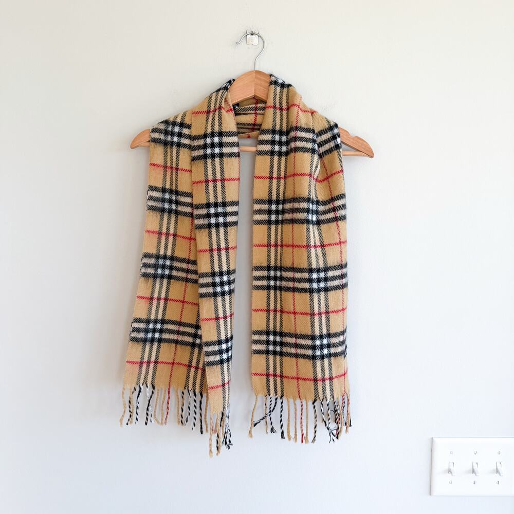 Burberry Nova Checkered Pattern Fringe Rectangle Scarf Brown One Size
